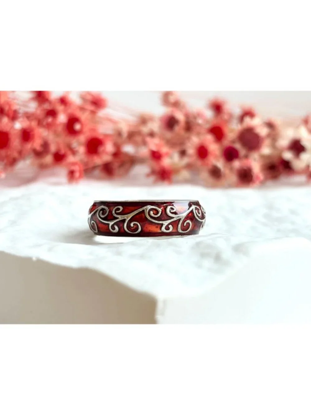 Orange Enamel Art Nouveau Inspired Sterling Silver 925 Vintage Ring - sz 9.75